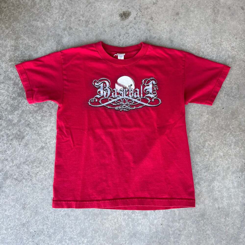 Prospirit Youth Red Baseball Graphic T-Shirt Y2K Style Gothic Font